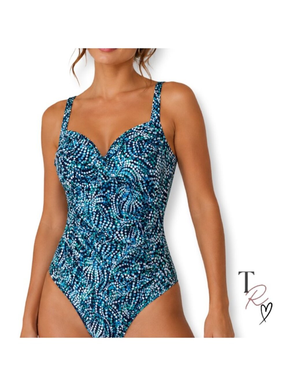 Bal Harbour Swim One Piece Swimsuit Size 10 Blue Green Dot Ruched